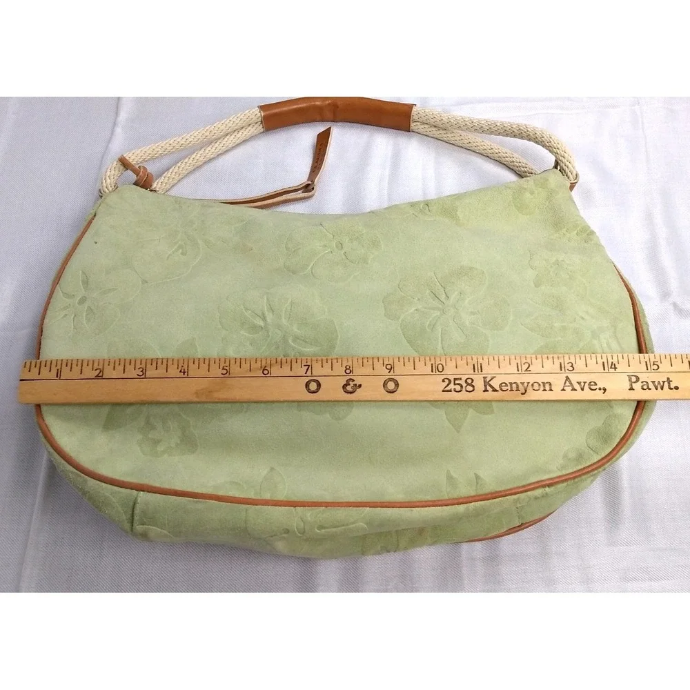 Claudia Firenze Italian Suede Leather Hobo Bag Pale Green Tan Trim Floral Zipper